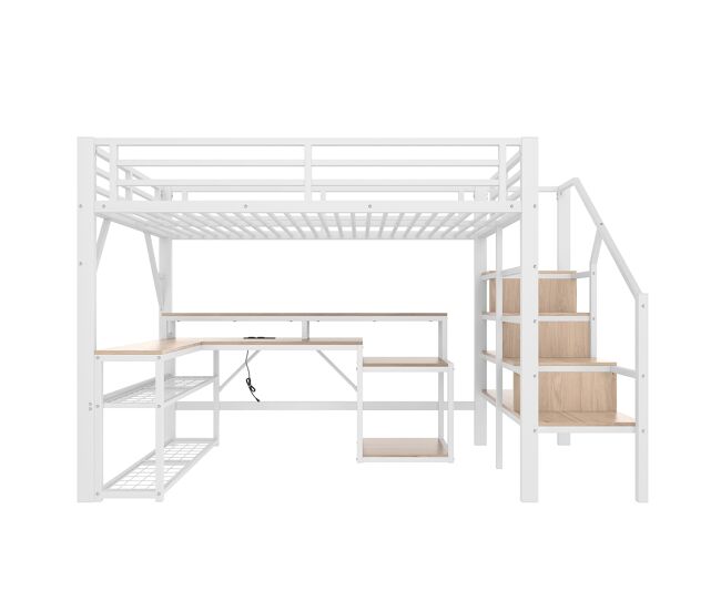 Cama alta 140x200 cm - metal, estantería, escalera con almacenamiento, escritorio, led, usb - blanco