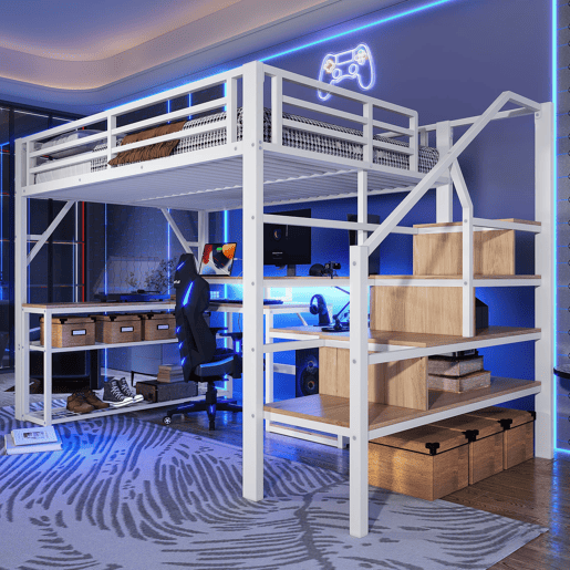 Cama alta 140x200 cm - Metal, estante, escada com arrumação, secretária, LED, USB - Branco
