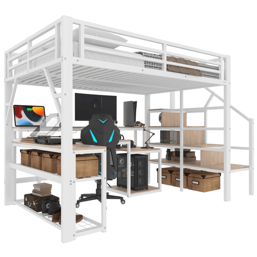 Cama alta 140x200 cm - Metal, estante, escada com arrumação, secretária, LED, USB - Branco