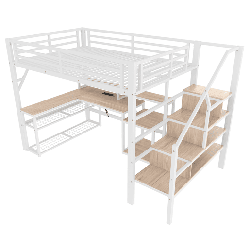 Cama alta 140x200 cm - Metal, estante, escada com arrumação, secretária, LED, USB - Branco