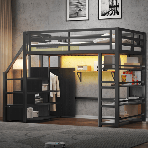 Cama alta metálica 140x200 - com prateleiras, armários, LED - Preto
