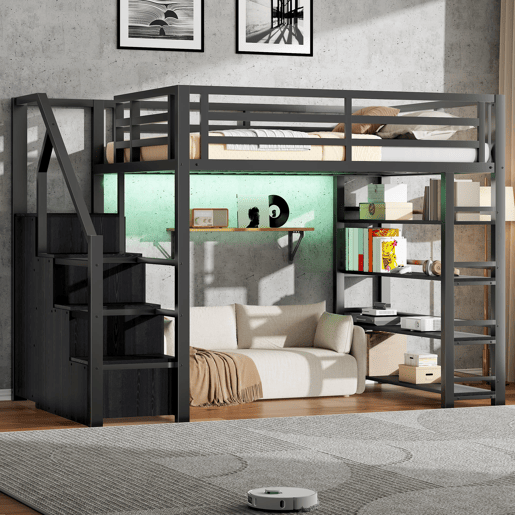 Cama alta metálica 140x200 - com prateleiras, armários, LED - Preto