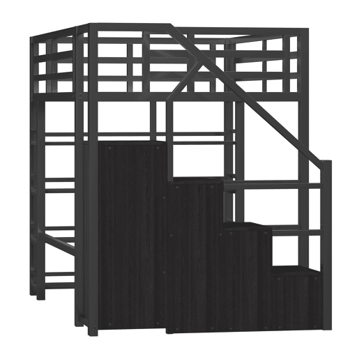 Cama alta metálica 140x200 - com prateleiras, armários, LED - Preto