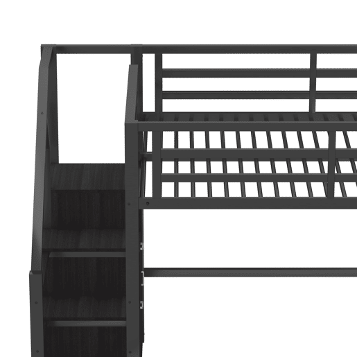 Cama alta metálica 140x200 - com prateleiras, armários, LED - Preto