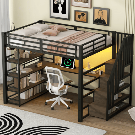 Cama alta metálica 140x200 - escada, secretária, arrumação, USB, LED - Preto