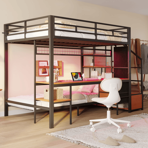 Cama alta metálica 140x200+90x200 - Secretária, LED, tomadas, arrumação e gavetas - Preto