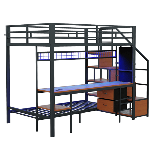 Cama alta metálica 140x200+90x200 - Secretária, LED, tomadas, arrumação e gavetas - Preto