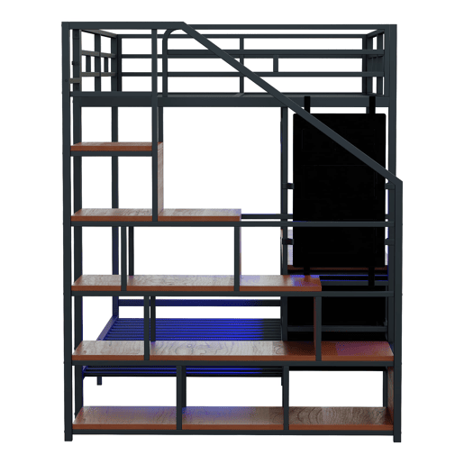 Cama alta metálica 140x200+90x200 - Secretária, LED, tomadas, arrumação e gavetas - Preto