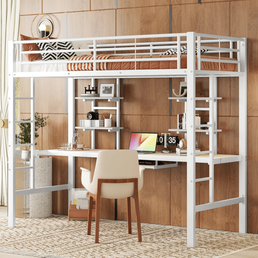 Cama alta 90x200 cm - Metal com secretária e 2 estantes para crianças e adultos - Branco