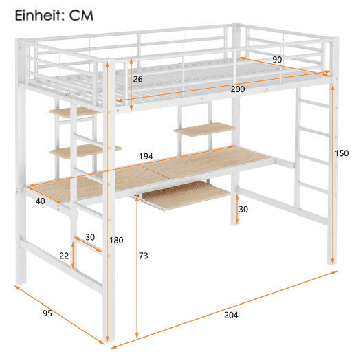 Cama alta 90x200 cm - Metal com secretária e 2 estantes para crianças e adultos - Branco