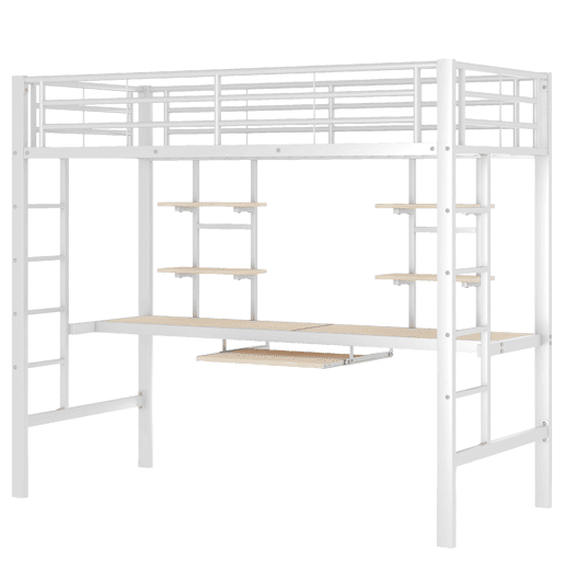 Cama alta 90x200 cm - Metal com secretária e 2 estantes para crianças e adultos - Branco