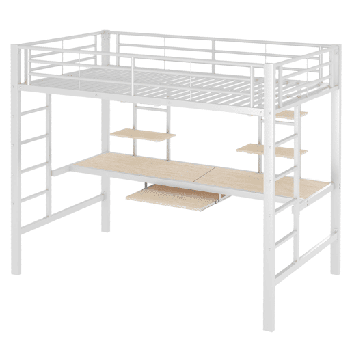 Cama alta 90x200 cm - Metal com secretária e 2 estantes para crianças e adultos - Branco