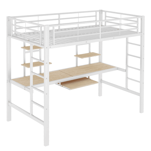 Cama alta 90x200 cm - Metal com secretária e 2 estantes para crianças e adultos - Branco