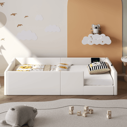 Cama plataforma 90x200 - estofada com grade e estação de carregamento - Branca
