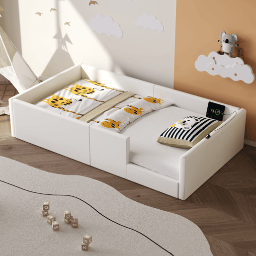 Cama plataforma 90x200 - estofada com grade e estação de carregamento - Branca