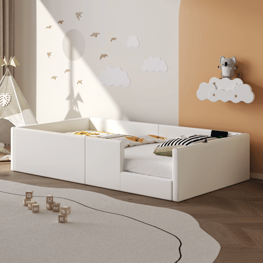 Cama plataforma 90x200 - estofada com grade e estação de carregamento - Branca