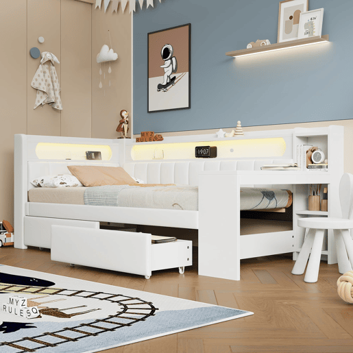 Cama de dia estofada 90x200 - com USB, LED, secretária e 2 gavetas - Branca