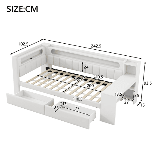Cama de dia estofada 90x200 - com USB, LED, secretária e 2 gavetas - Branca