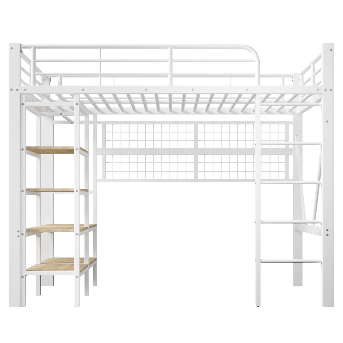 cama alta 90x200 cm - estructura metalica estante red para colgar barra de ropa espacio libre led - blanco