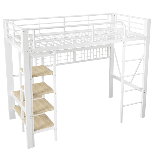 Cama alta 90x200 cm - Estrutura metálica, prateleira, rede para pendurar, barra para roupa, espaço livre, LED - Branco
