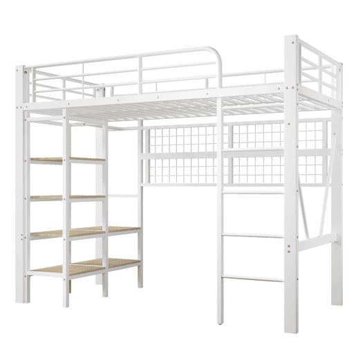 Cama alta 90x200 cm - Estrutura metálica, prateleira, rede para pendurar, barra para roupa, espaço livre, LED - Branco