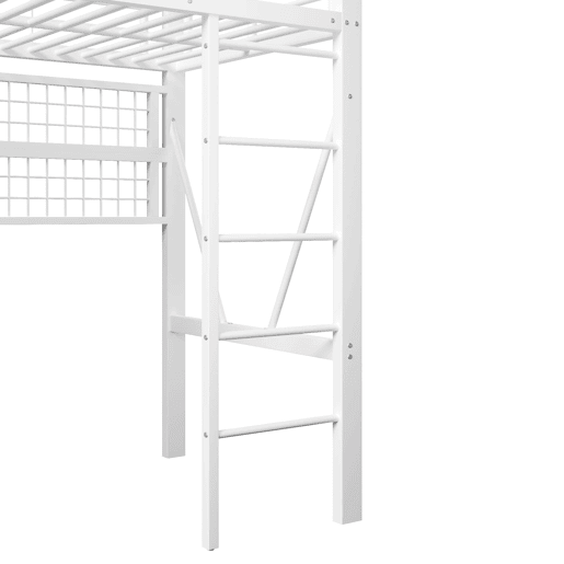 Cama alta 90x200 cm - Estrutura metálica, prateleira, rede para pendurar, barra para roupa, espaço livre, LED - Branco