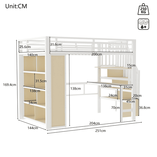 Cama alta 140x200 - com secretária, prateleira, LED e escada com arrumação - Branco Cama alta 140x200 - com secretária, prateleira, LED e escada com arrumação - Branco