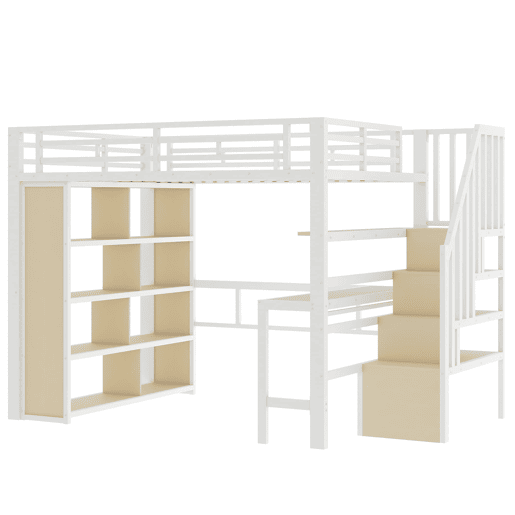 Cama alta 140x200 - com secretária, prateleira, LED e escada com arrumação - Branco Cama alta 140x200 - com secretária, prateleira, LED e escada com arrumação - Branco