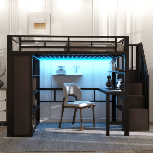 Cama alta 140x200 - Estrutura de ferro, secretária, prateleira, LED, escada com arrumação - Preto