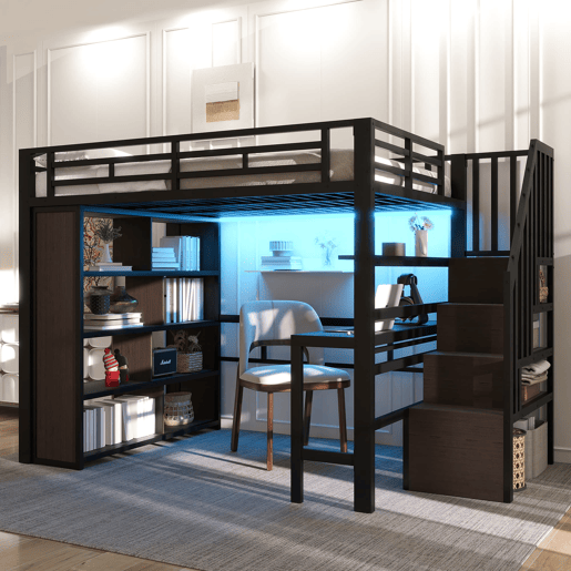 Cama alta 140x200 - Estrutura de ferro, secretária, prateleira, LED, escada com arrumação - Preto