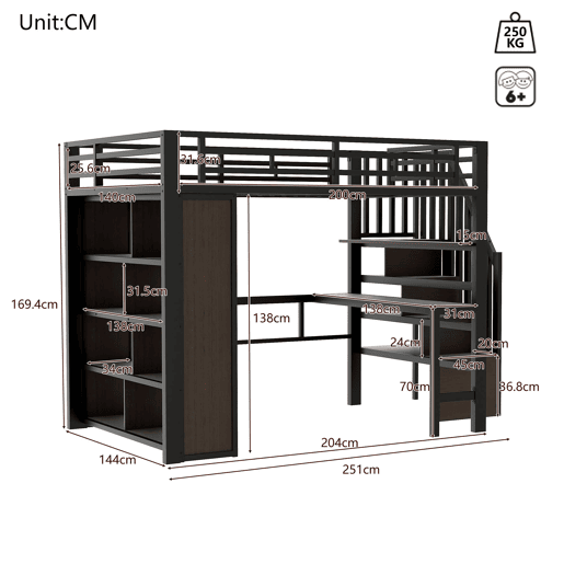 Cama alta 140x200 - Estrutura de ferro, secretária, prateleira, LED, escada com arrumação - Preto