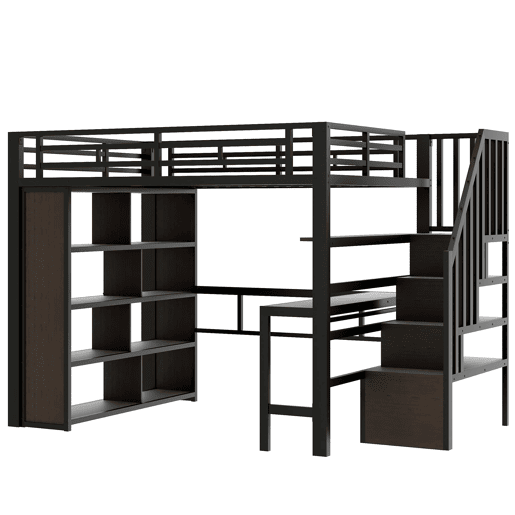 Cama alta 140x200 - Estrutura de ferro, secretária, prateleira, LED, escada com arrumação - Preto