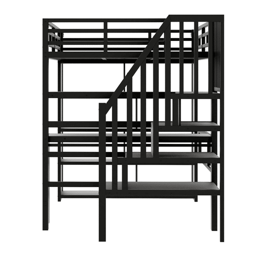Cama alta 140x200 - Estrutura de ferro, secretária, prateleira, LED, escada com arrumação - Preto
