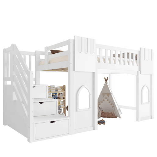 Cama alta 90x200 - com escada com arrumação e janela - Branco