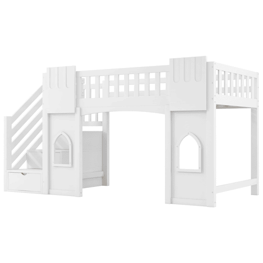 Cama alta 90x200 - com escada com arrumação e janela - Branco