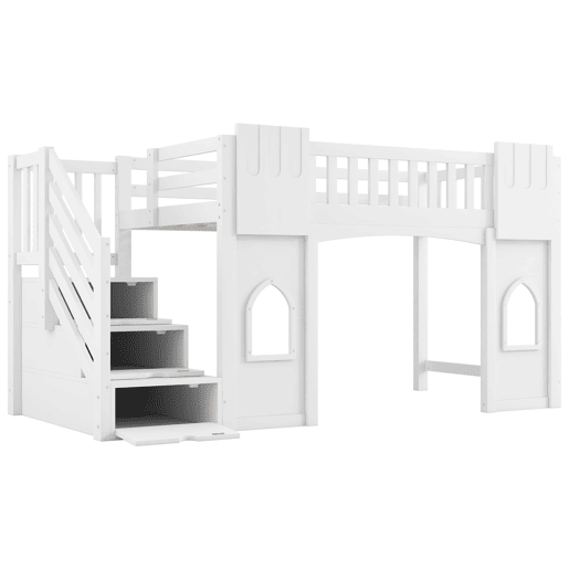 Cama alta 90x200 - com escada com arrumação e janela - Branco
