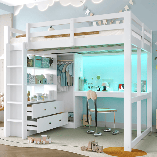 Cama alta 140x200 - 2 gavetas, prateleiras, secretária inferior, LED e USB - Branco