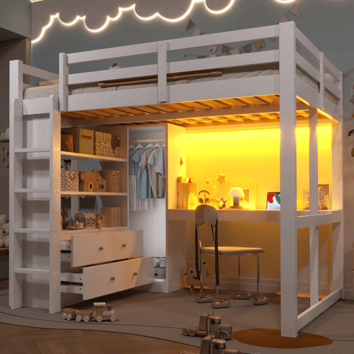 Cama alta 140x200 - 2 gavetas, prateleiras, secretária inferior, LED e USB - Branco