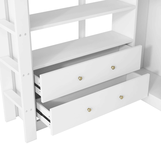 Cama alta 140x200 - 2 gavetas, prateleiras, secretária inferior, LED e USB - Branco