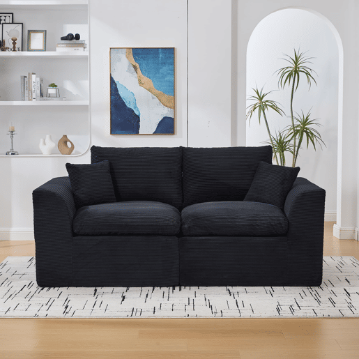 Sofá de tecido de 2 lugares - moderno, minimalista, confortável com almofadas - preto