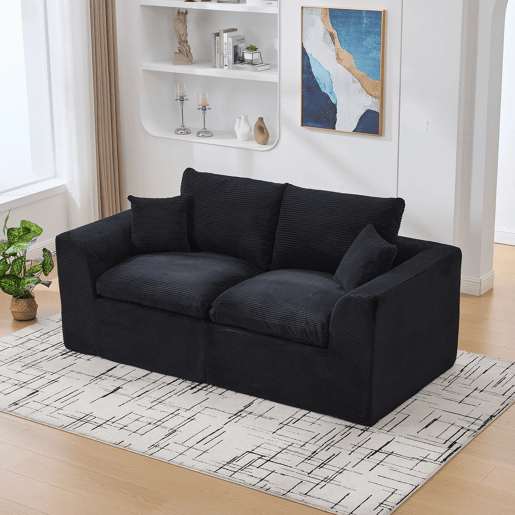 Sofá de tecido de 2 lugares - moderno, minimalista, confortável com almofadas - preto