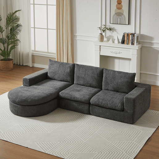 Sofá modular de 3 lugares - Chenille curvada com chaise longue, sem montagem - Cinza