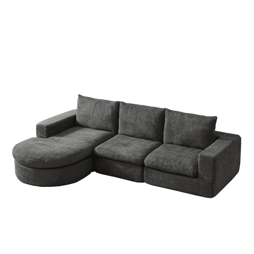 Sofá modular de 3 lugares - Chenille curvada com chaise longue, sem montagem - Cinza