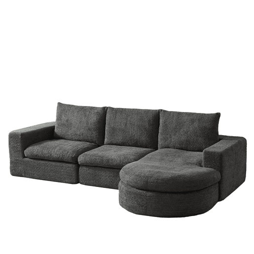 Sofá modular de 3 lugares - Chenille curvada com chaise longue, sem montagem - Cinza