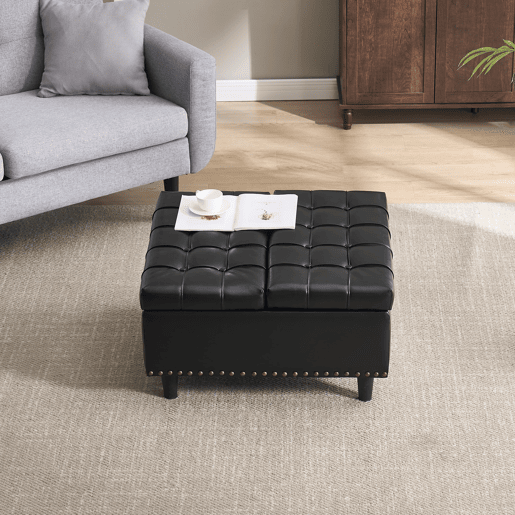 Banco de arrumação quadrado 75x75 cm - assento rebatível com espaço de arrumação - PU preto