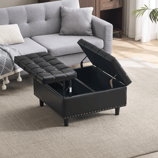 Banco de arrumação quadrado 75x75 cm - assento rebatível com espaço de arrumação - PU preto