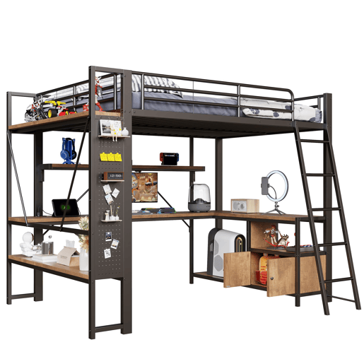 Cama alta 140x200 - Estrutura metálica, LED, secretária, arrumação, prateleiras, USB - Preto