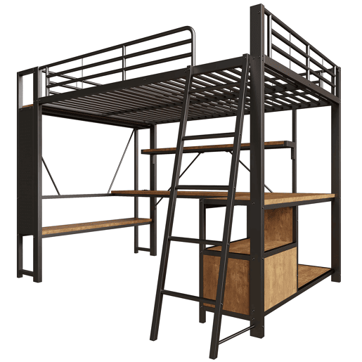 Cama alta 140x200 - Estrutura metálica, LED, secretária, arrumação, prateleiras, USB - Preto
