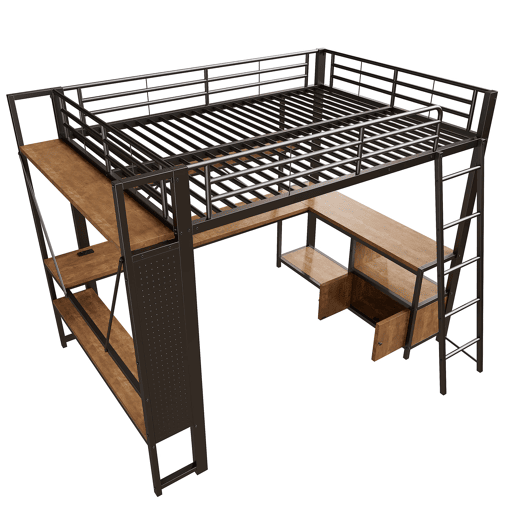 Cama alta 140x200 - Estrutura metálica, LED, secretária, arrumação, prateleiras, USB - Preto