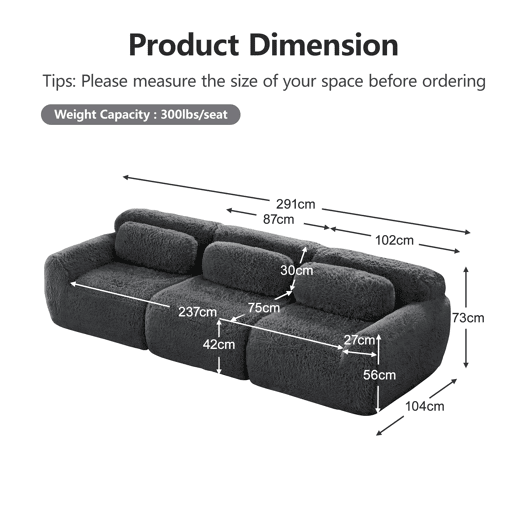 Sofá modular profundo de 3 lugares - plush premium, sem montagem, antiderrapante - cinzento
